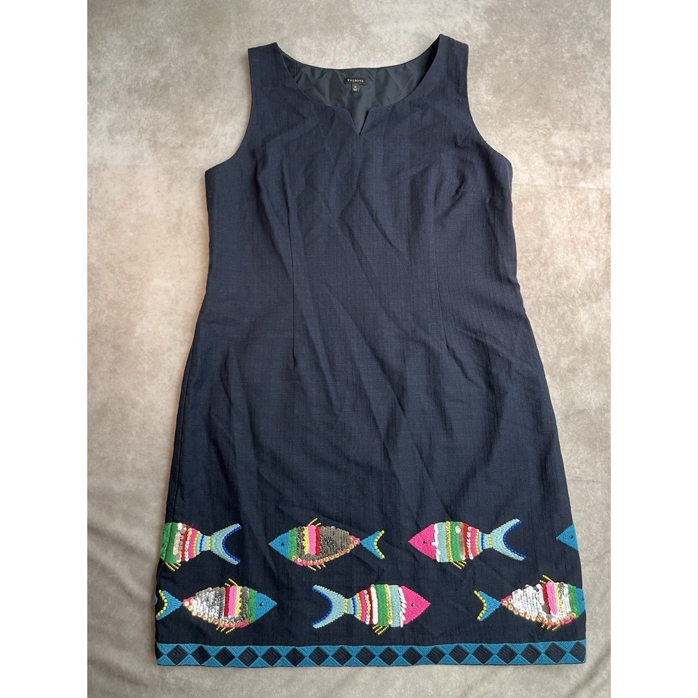 Talbots Dress Women's 16 Blue Sequin Embroidered Fish Sleeveless Sheath